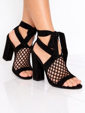 Schutz Black Suede Lace-Up Lattice Block Heel Sandals Ankle Wrap 9.5
